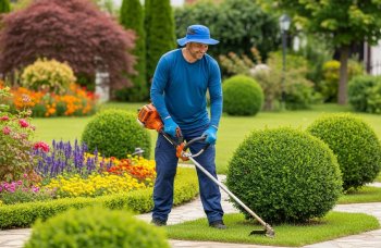 Jardineiro profissional sorrindo enquanto cuida de um jardim residencial bem cuidado em Holambra, Boituva e região, usando roçadeira elétrica